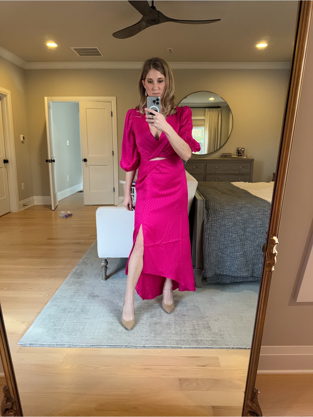 Express Fuchsia Wrap High-Low Dress with Puff Sleeves